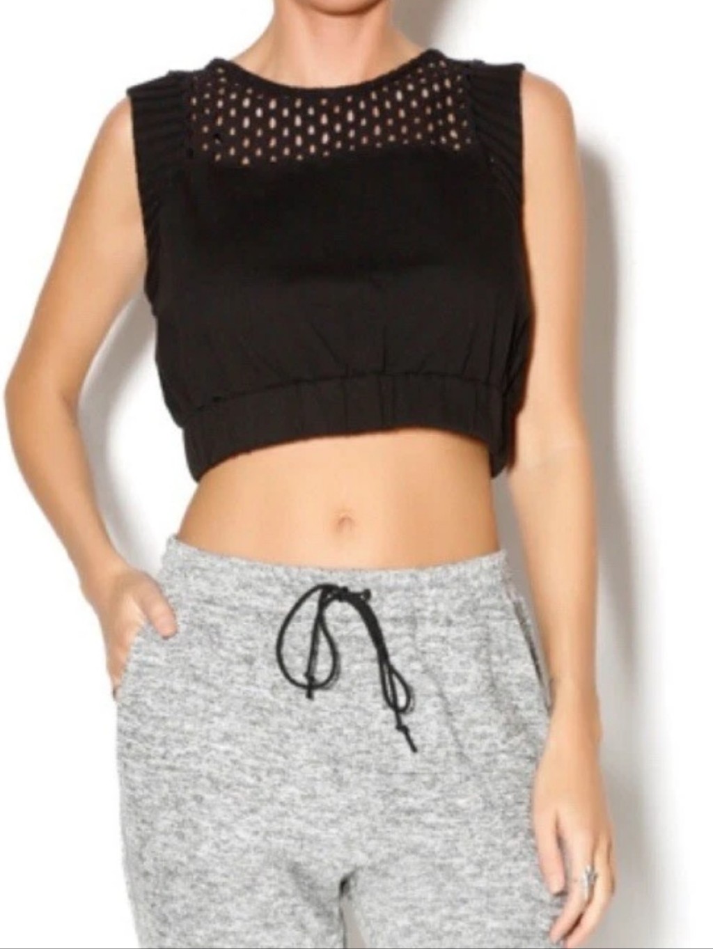 Free People Calla Top Crop Elastic Bottom Black Eyelet Small Tank Sleeveless